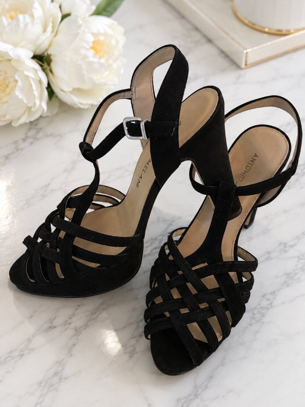 Antonio Melani Black Suede Strappy T-Bar High Heel Sandals